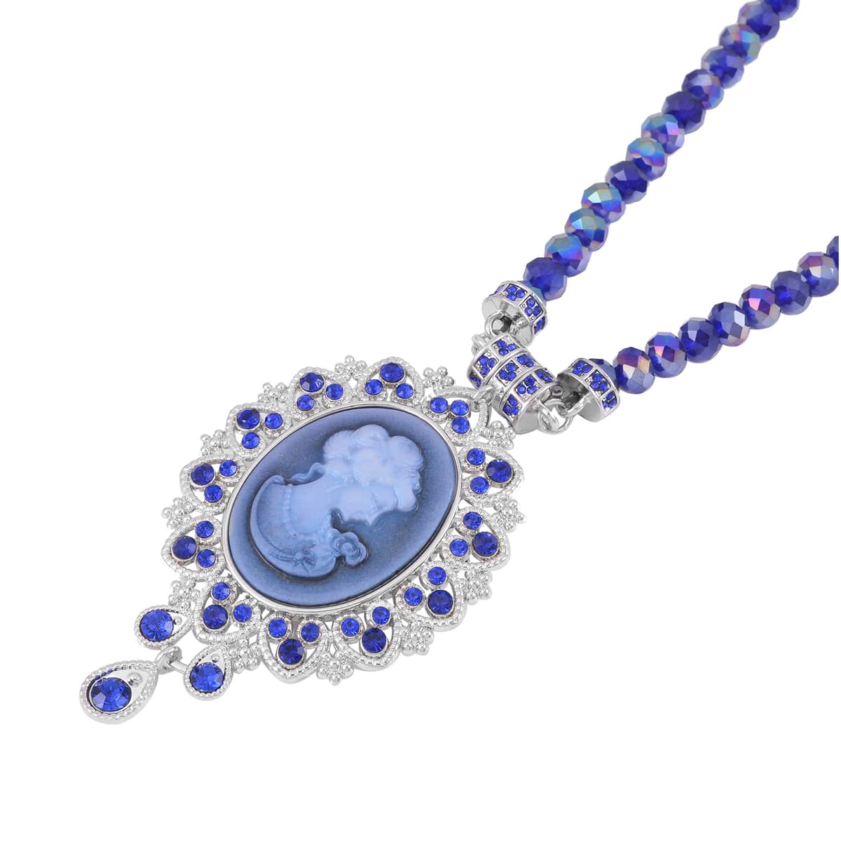Cameo and Blue Magic Color Glass Earrings and Necklace 22 Inches in Silvertone 15.00 ctw image number 3