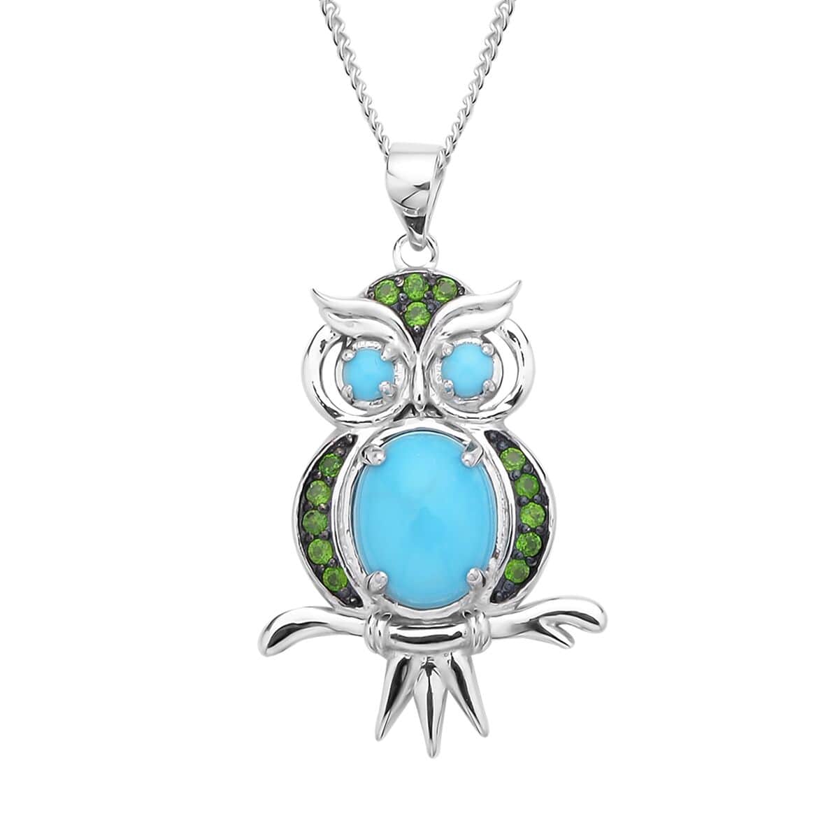 Sleeping Beauty Turquoise and Chrome Diopside Owl Pendant Necklace 18 Inches in Rhodium Over Sterling Silver 2.60 ctw image number 0