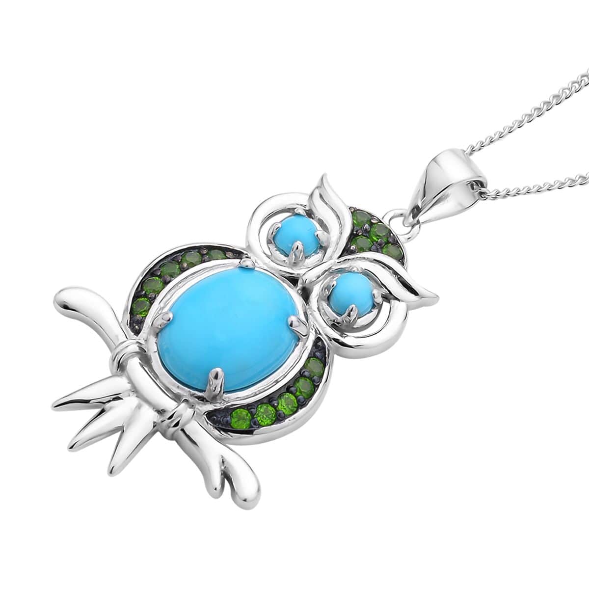 Sleeping Beauty Turquoise and Chrome Diopside Owl Pendant Necklace 18 Inches in Rhodium Over Sterling Silver 2.60 ctw image number 3