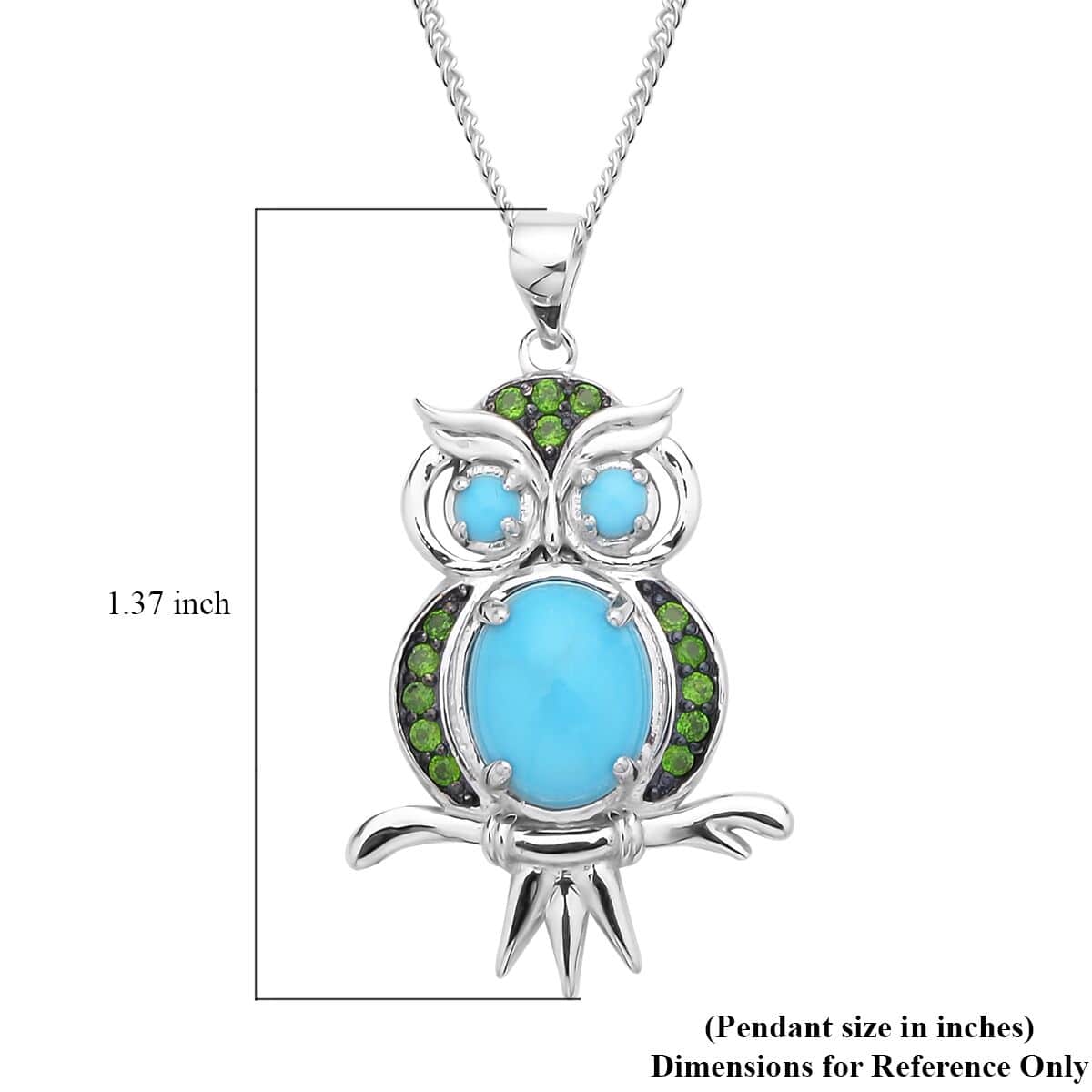 Sleeping Beauty Turquoise and Chrome Diopside Owl Pendant Necklace 18 Inches in Rhodium Over Sterling Silver 2.60 ctw image number 5