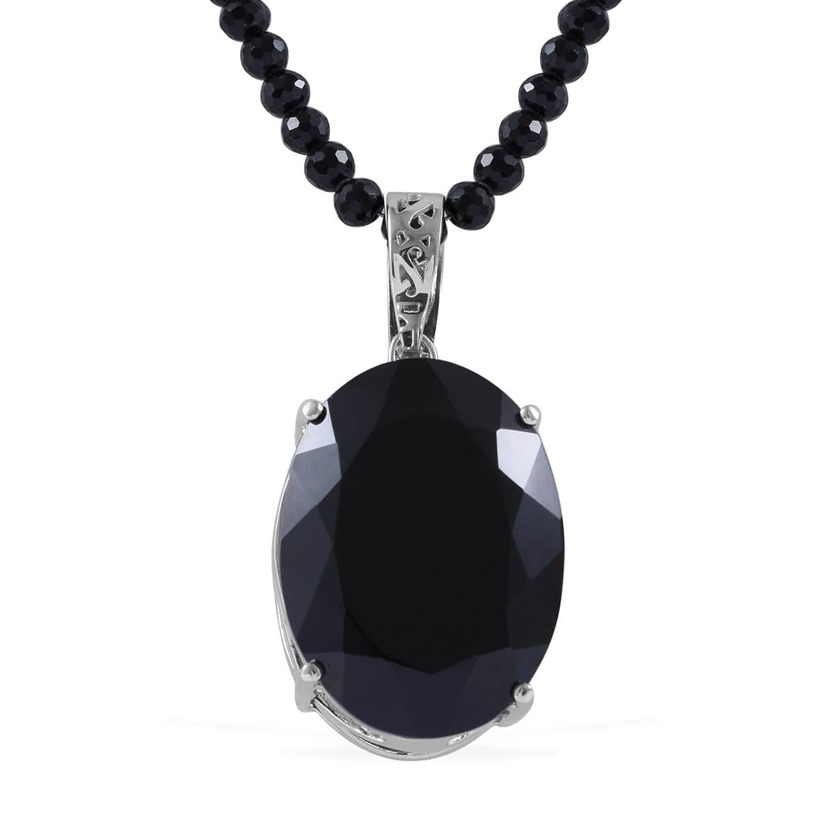 Natural Thai Black Spinel Pendant with Beaded Necklace 18 Inches in Platinum Over Sterling Silver 13.50 Grams 200.00 ctw image number 0