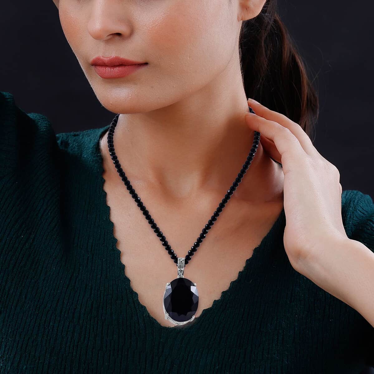 Natural Thai Black Spinel Pendant with Beaded Necklace 18 Inches in Platinum Over Sterling Silver 13.50 Grams 200.00 ctw image number 1