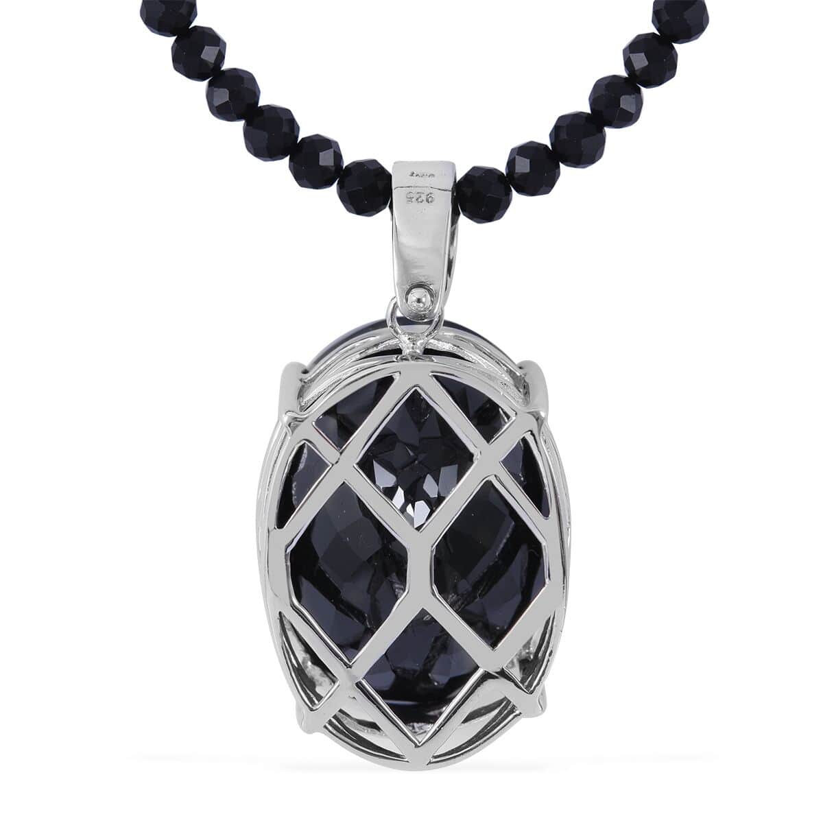 Natural Thai Black Spinel Pendant with Beaded Necklace 18 Inches in Platinum Over Sterling Silver 13.50 Grams 200.00 ctw image number 3