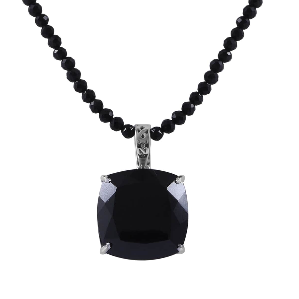 Thai Black Spinel Pendant with Beaded Necklace 18 Inches in Platinum Over Sterling Silver 200.00 ctw image number 0