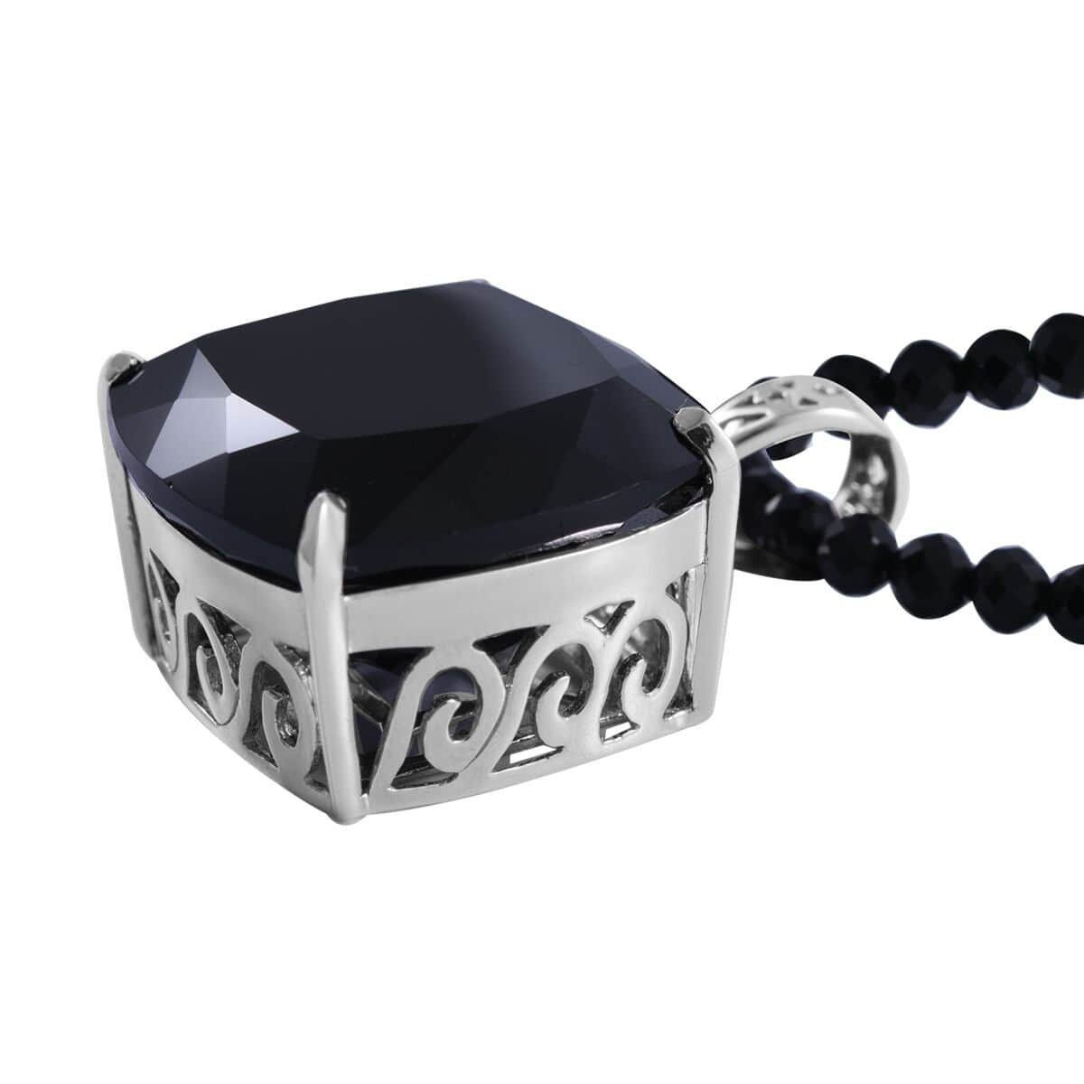 Thai Black Spinel Pendant with Beaded Necklace 18 Inches in Platinum Over Sterling Silver 200.00 ctw image number 1