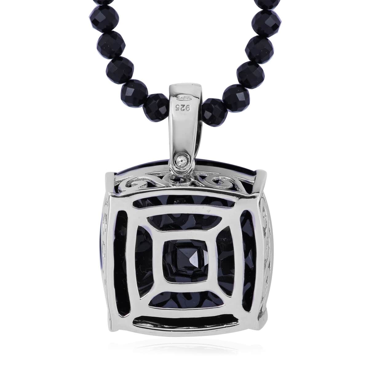 Thai Black Spinel Pendant with Beaded Necklace 18 Inches in Platinum Over Sterling Silver 200.00 ctw image number 2