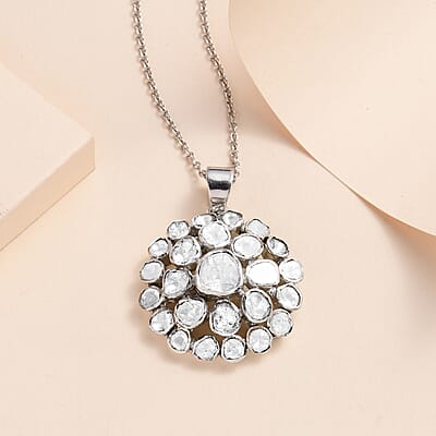 Polki Diamond Floral Pendant Necklace 20 Inches in Platinum Over Sterling Silver 2.00 ctw