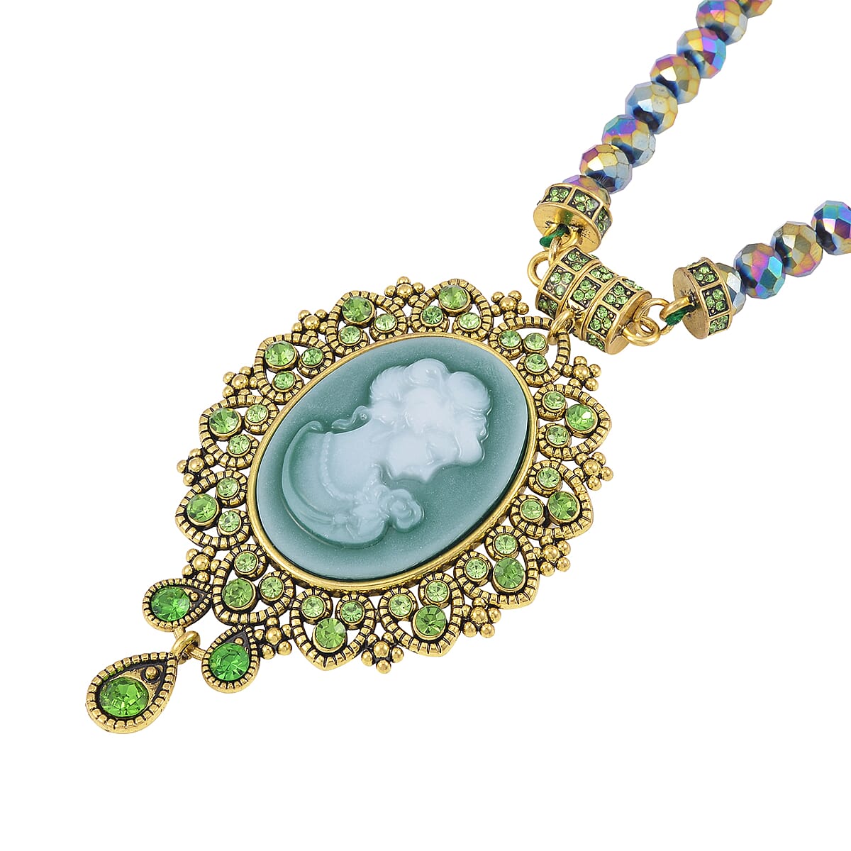 Cameo and Green Magic Color Glass Earrings and Necklace 22 Inches in Goldtone 15.00 ctw image number 3