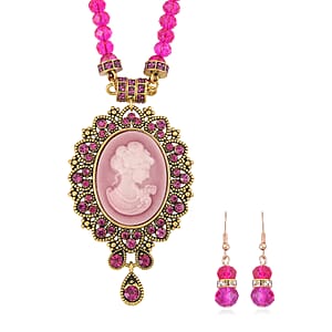 Cameo and Fuchsia Magic Color Glass Earrings and Necklace 22 Inches in Goldtone 15.00 ctw