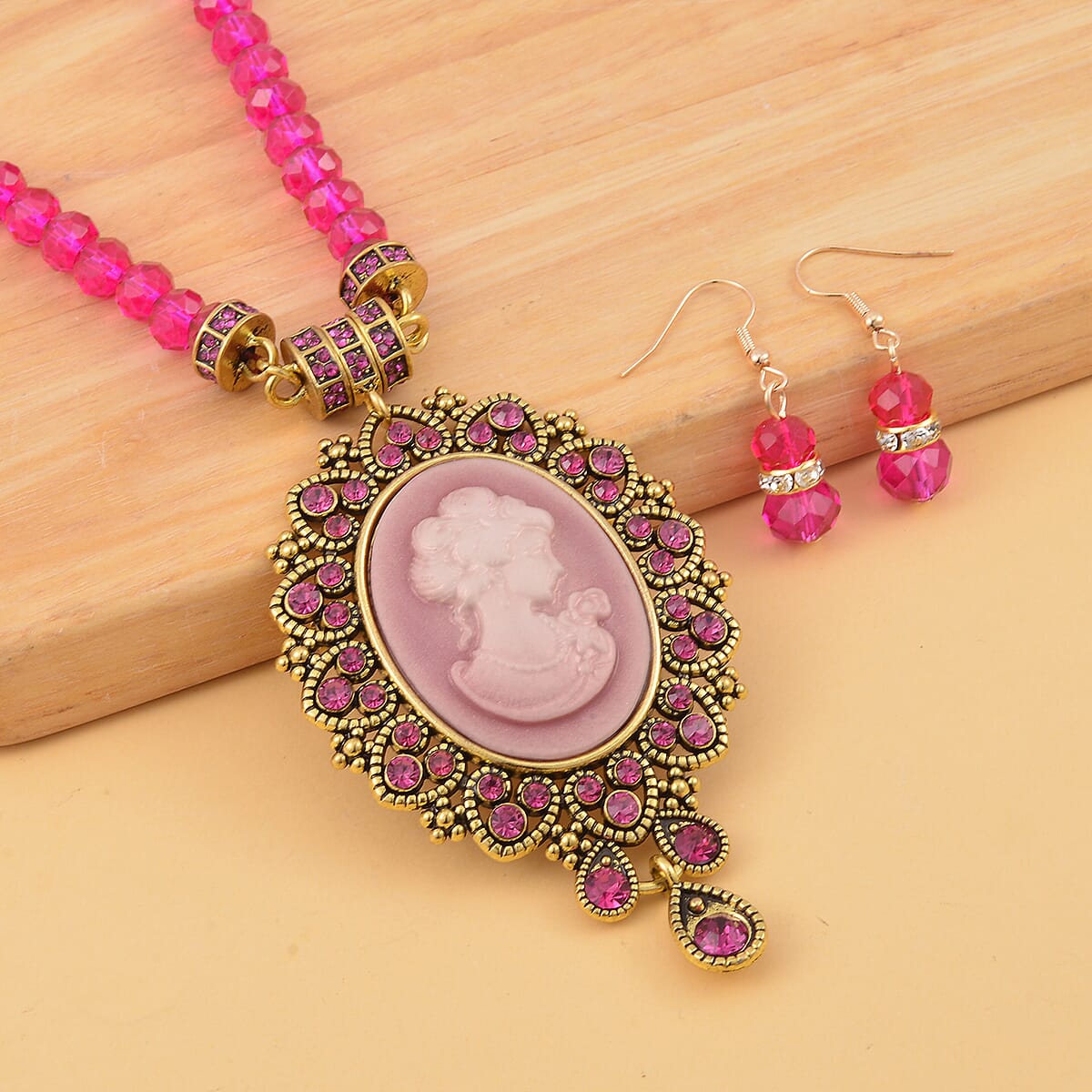 Cameo and Fuchsia Magic Color Glass Earrings and Necklace 22 Inches in Goldtone 15.00 ctw image number 1