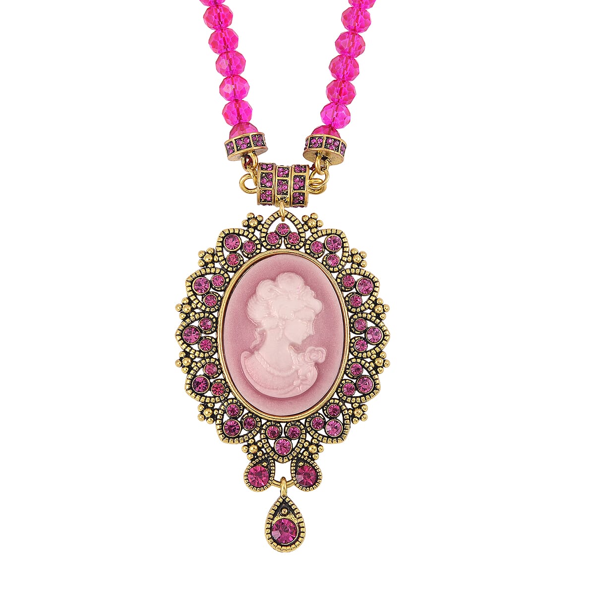 Cameo and Fuchsia Magic Color Glass Earrings and Necklace 22 Inches in Goldtone 15.00 ctw image number 2