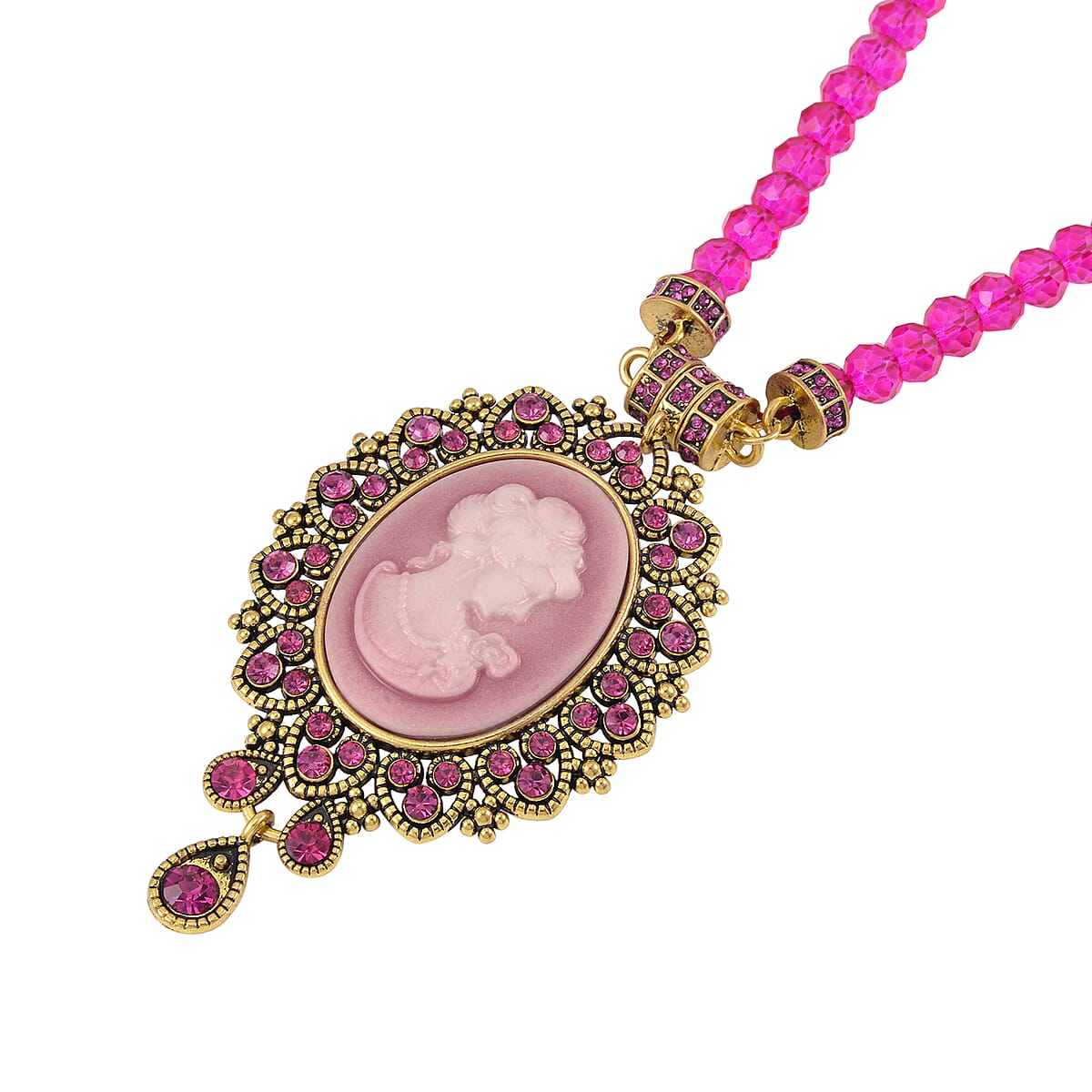Cameo and Fuchsia Magic Color Glass Earrings and Necklace 22 Inches in Goldtone 15.00 ctw image number 3