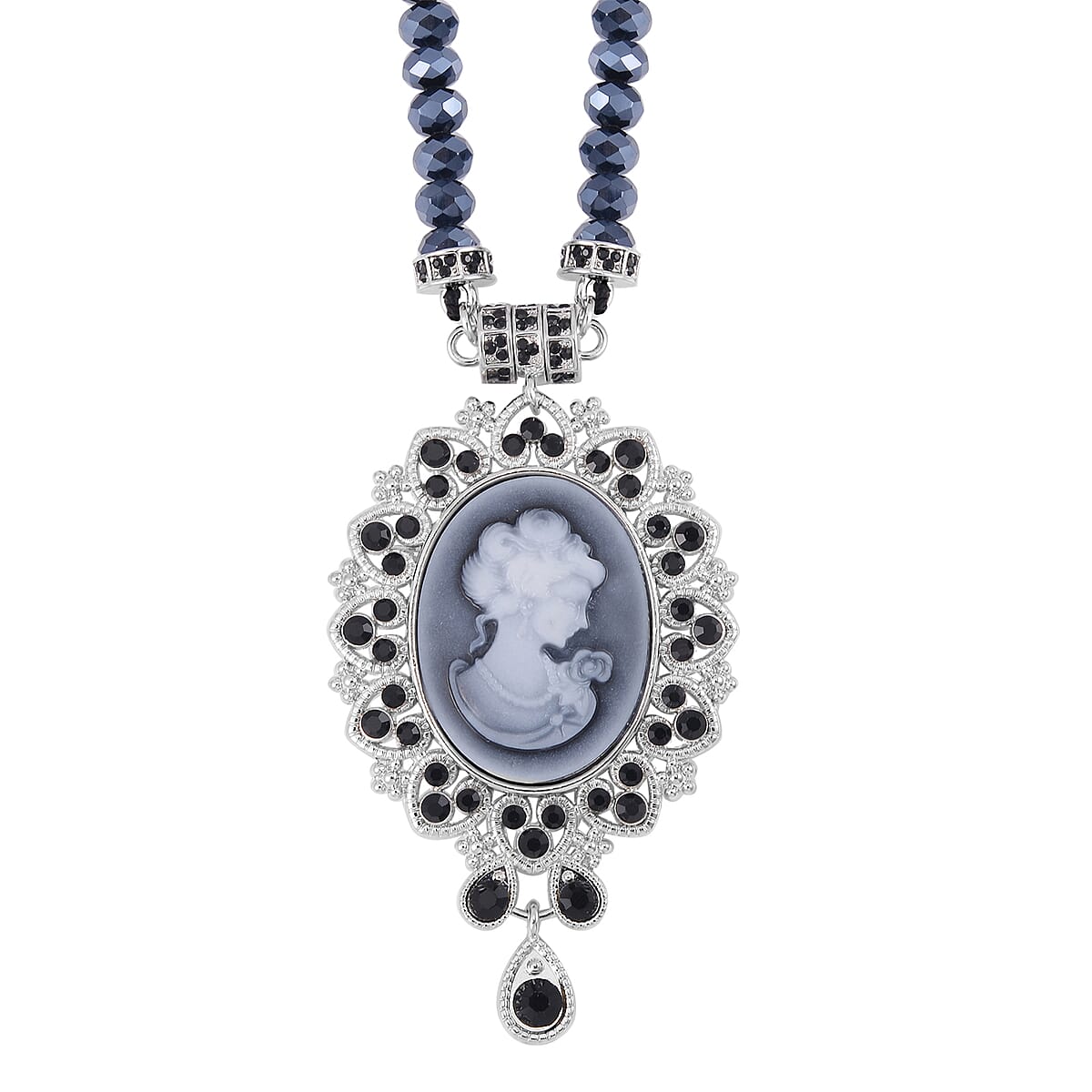Cameo and Black Magic Color Glass Earrings and Necklace 22 Inches in Silvertone 15.00 ctw image number 2