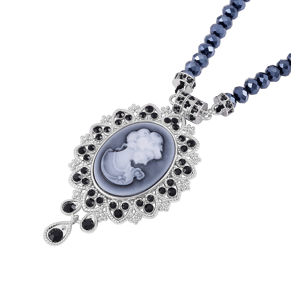 Cameo and Black Magic Color Glass Earrings and Necklace 22 Inches in Silvertone 15.00 ctw image number 3