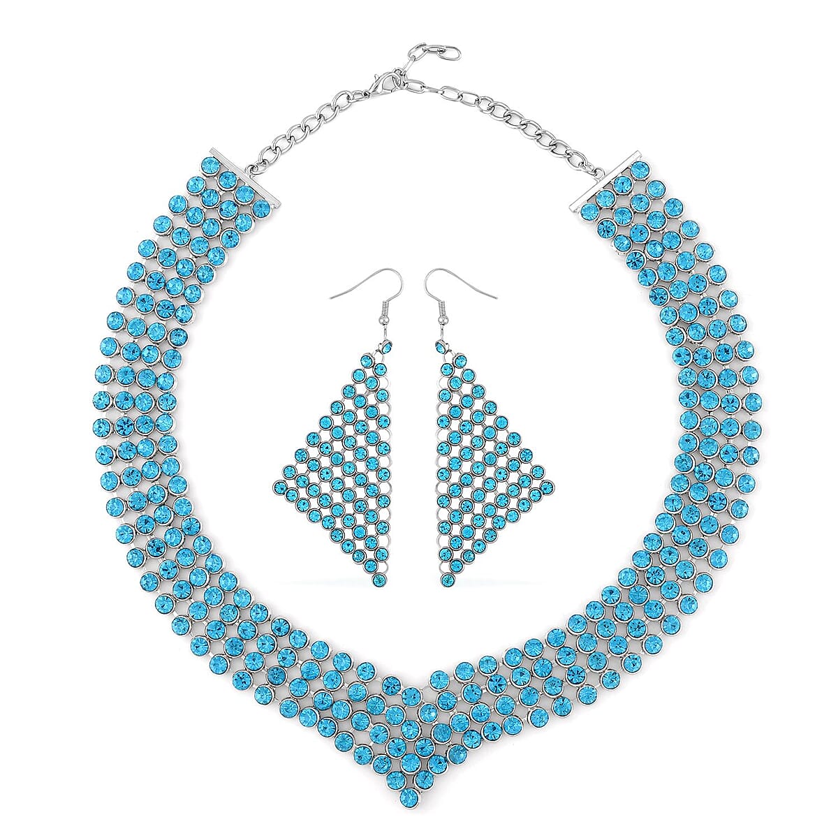 Aquamarine Color Austrian Crystal Earrings and Princess Necklace 16-20 Inches in Silvertone image number 0