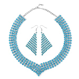 Aquamarine Color Austrian Crystal Earrings and Princess Necklace 16-20 Inches in Silvertone