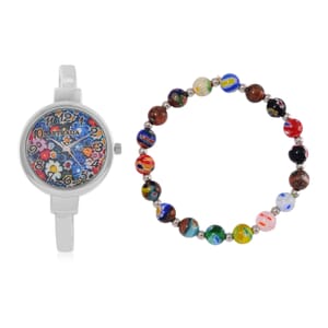 Strada Japanese Movement Murano Pattern Dial Watch in Slivertone and Murano Style and Resin Beaded Stretch Bracelet (6.5-7.5In)