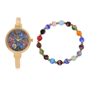Strada Japanese Movement Murano Pattern Dial Watch in Goldtone and Murano Style and Resin Beaded Stretch Bracelet (6.5-7.5In)