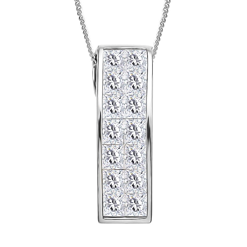 Moissanite Invisible Set Bar Pendant Necklace in Rhodium Over Sterling Silver, Moissanite Pendant Necklace, Sterling Silver Necklace 18 Inches 2.15 ctw