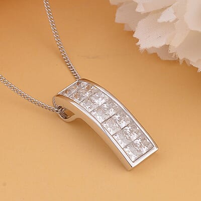 Moissanite Invisible Set Bar Pendant Necklace in Rhodium Over Sterling Silver, Moissanite Pendant Necklace, Sterling Silver Necklace 18 Inches 2.15 ctw