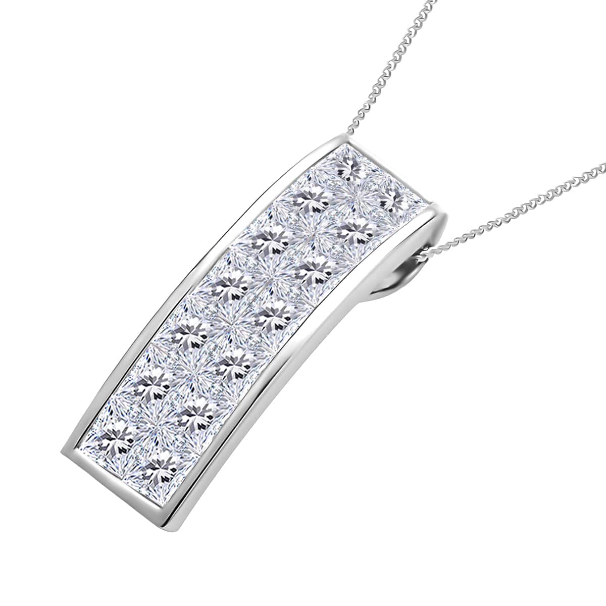 Moissanite Invisible Set Bar Pendant Necklace in Rhodium Over Sterling Silver, Moissanite Pendant Necklace, Sterling Silver Necklace 18 Inches 2.15 ctw image number 3