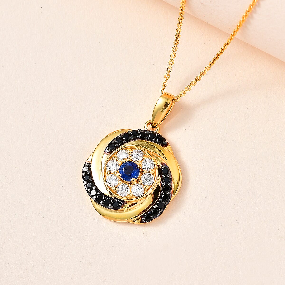 Kashmir Kyanite and Multi Gemstone Evil Eye Protector Pendant Necklace 20 Inches in Vermeil Yellow Gold Over Sterling Silver 1.15 ctw image number 1