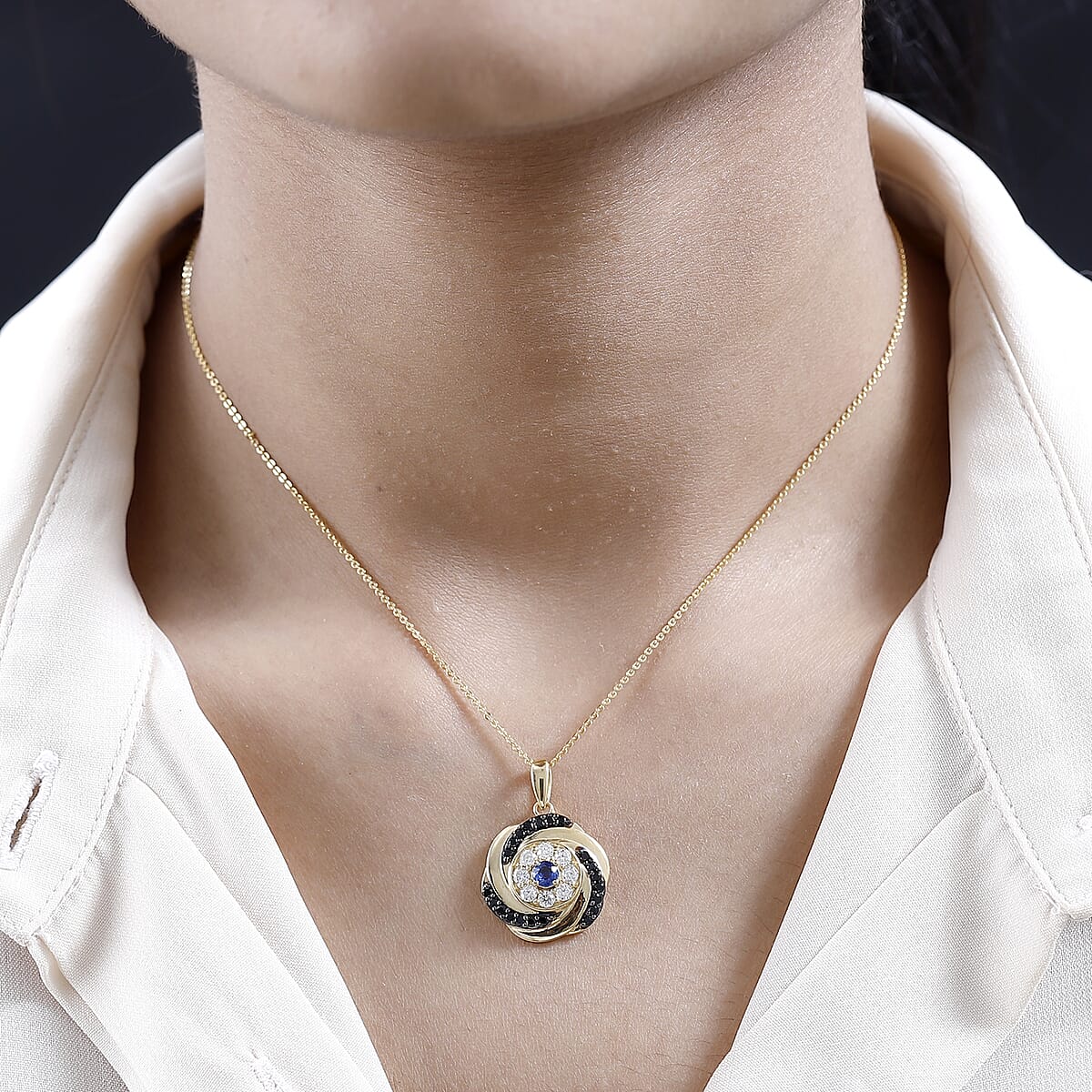 Kashmir Kyanite and Multi Gemstone Evil Eye Protector Pendant Necklace 20 Inches in Vermeil Yellow Gold Over Sterling Silver 1.15 ctw image number 2