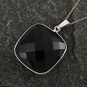 Black Onyx Pendant Necklace 18 Inches in Rhodium Over Sterling Silver 17.00 ctw
