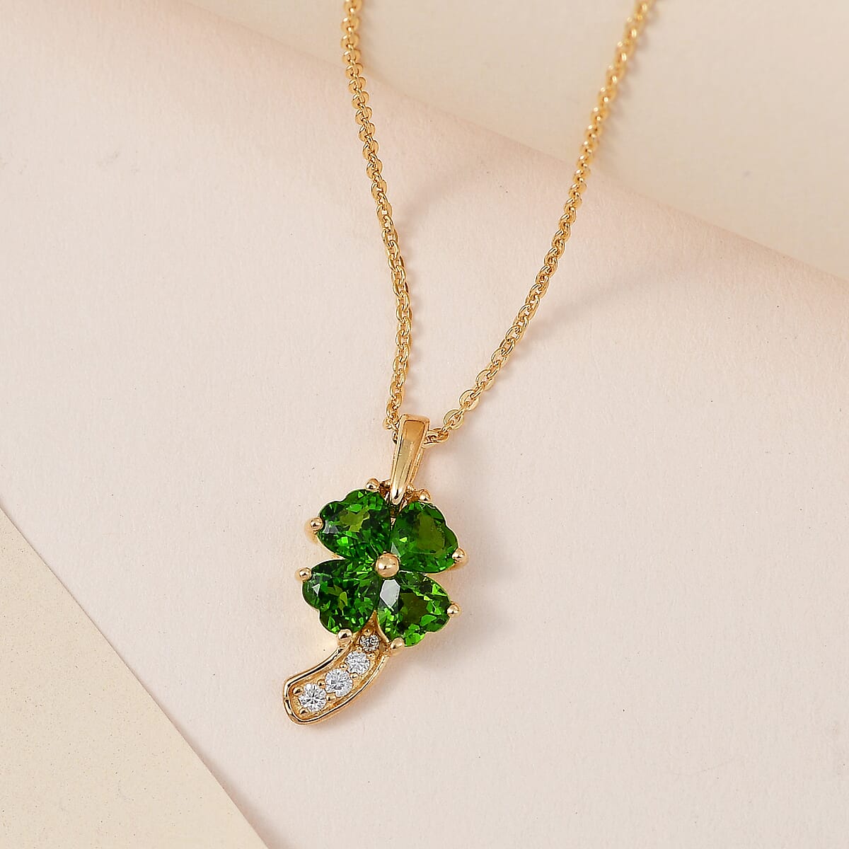 Chrome Diopside and Moissanite Clover Leaf Pendant Necklace 20 Inches in Vermeil Yellow Gold Over Sterling Silver 1.15 ctw image number 1