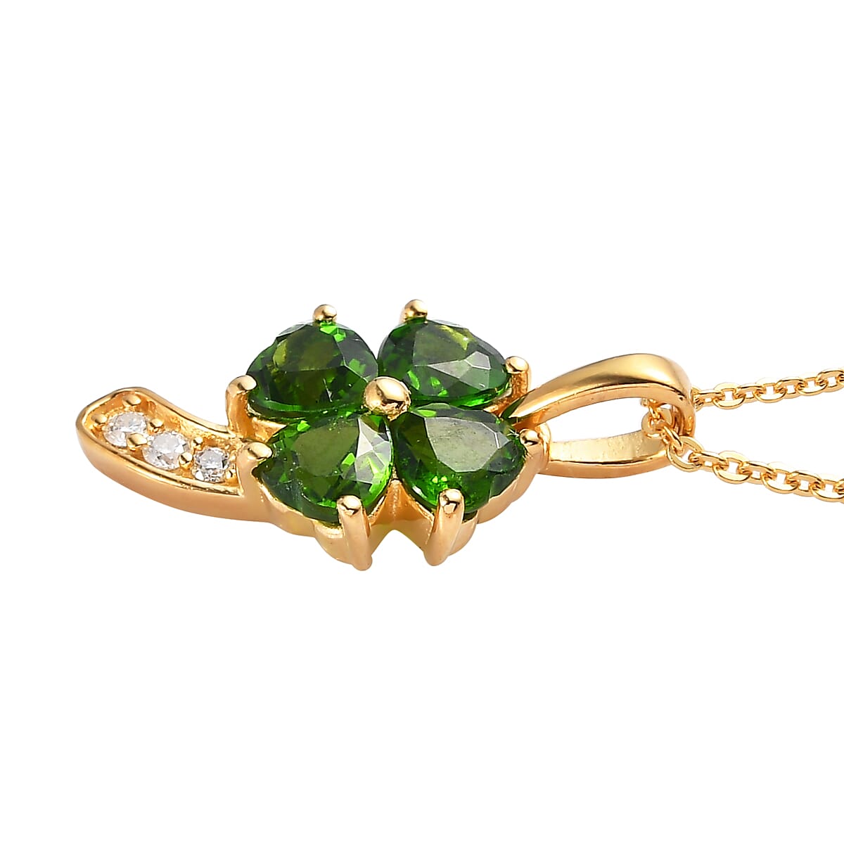 Chrome Diopside and Moissanite Clover Leaf Pendant Necklace 20 Inches in Vermeil Yellow Gold Over Sterling Silver 1.15 ctw image number 3