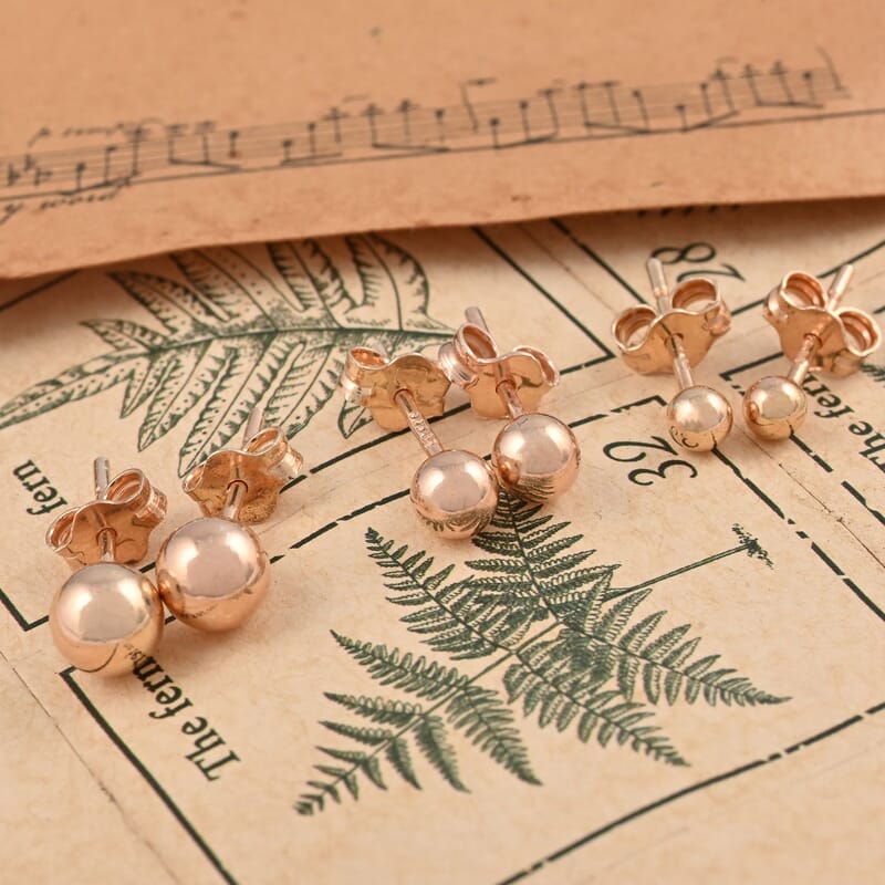 Ankur Treasure Chest 14K Rose Gold Over Sterling Silver Set of 3 Stud Ball Earrings 1.80 Grams (3mm, 4mm and 5mm)