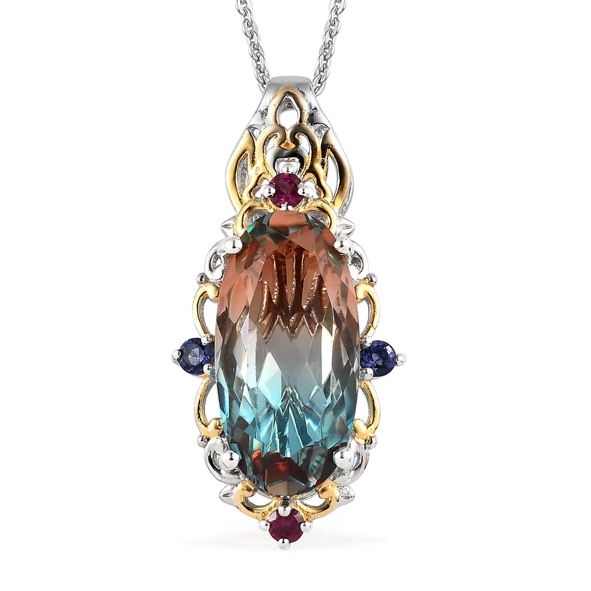 Aqua Terra Costa Quartz (Triplet) and Multi Gemstone Pendant Necklace 20 Inches in Vermeil YG and Platinum Over Sterling Silver 9.75 ctw image number 0