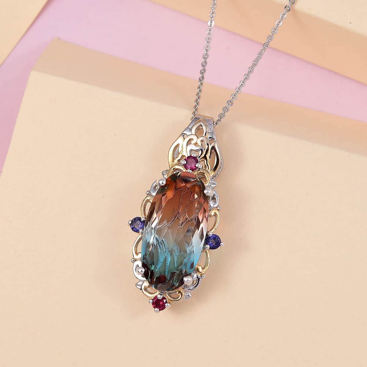 Aqua Terra Costa Quartz (Triplet) and Multi Gemstone Pendant Necklace 20 Inches in Vermeil YG and Platinum Over Sterling Silver 9.75 ctw image number 1