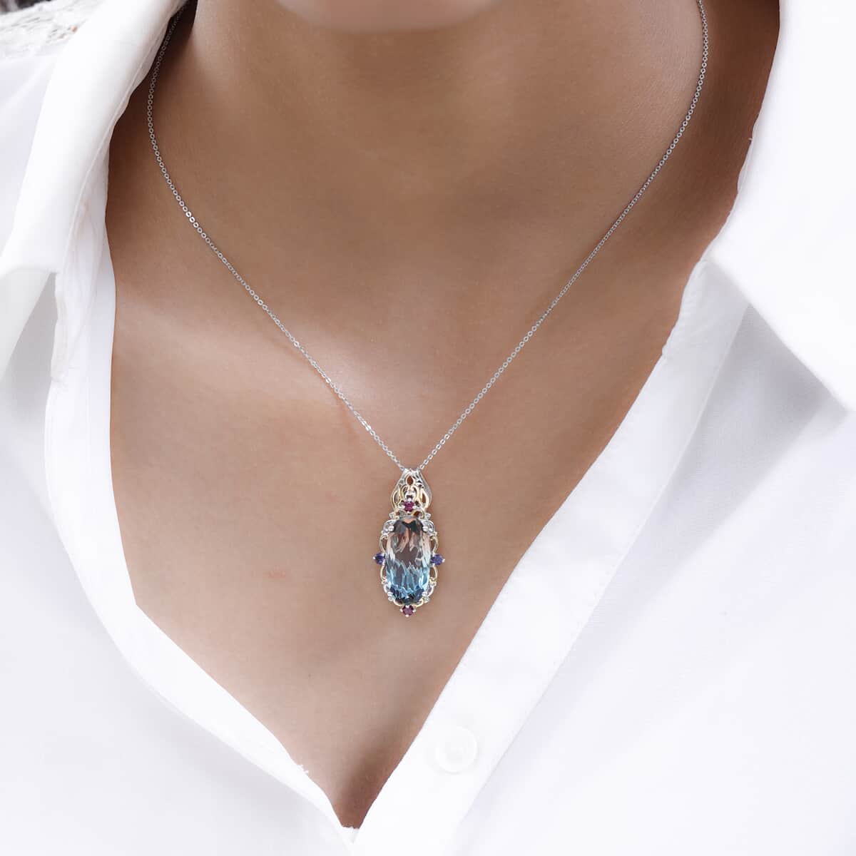 Aqua Terra Costa Quartz (Triplet) and Multi Gemstone Pendant Necklace 20 Inches in Vermeil YG and Platinum Over Sterling Silver 9.75 ctw image number 2