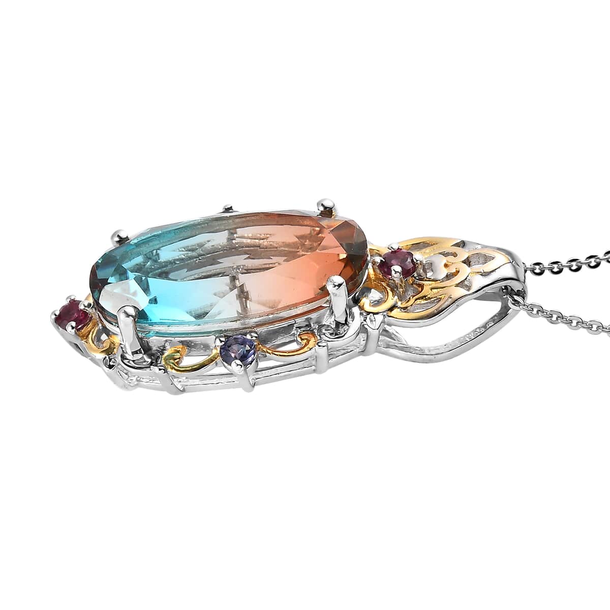 Aqua Terra Costa Quartz (Triplet) and Multi Gemstone Pendant Necklace 20 Inches in Vermeil YG and Platinum Over Sterling Silver 9.75 ctw image number 3