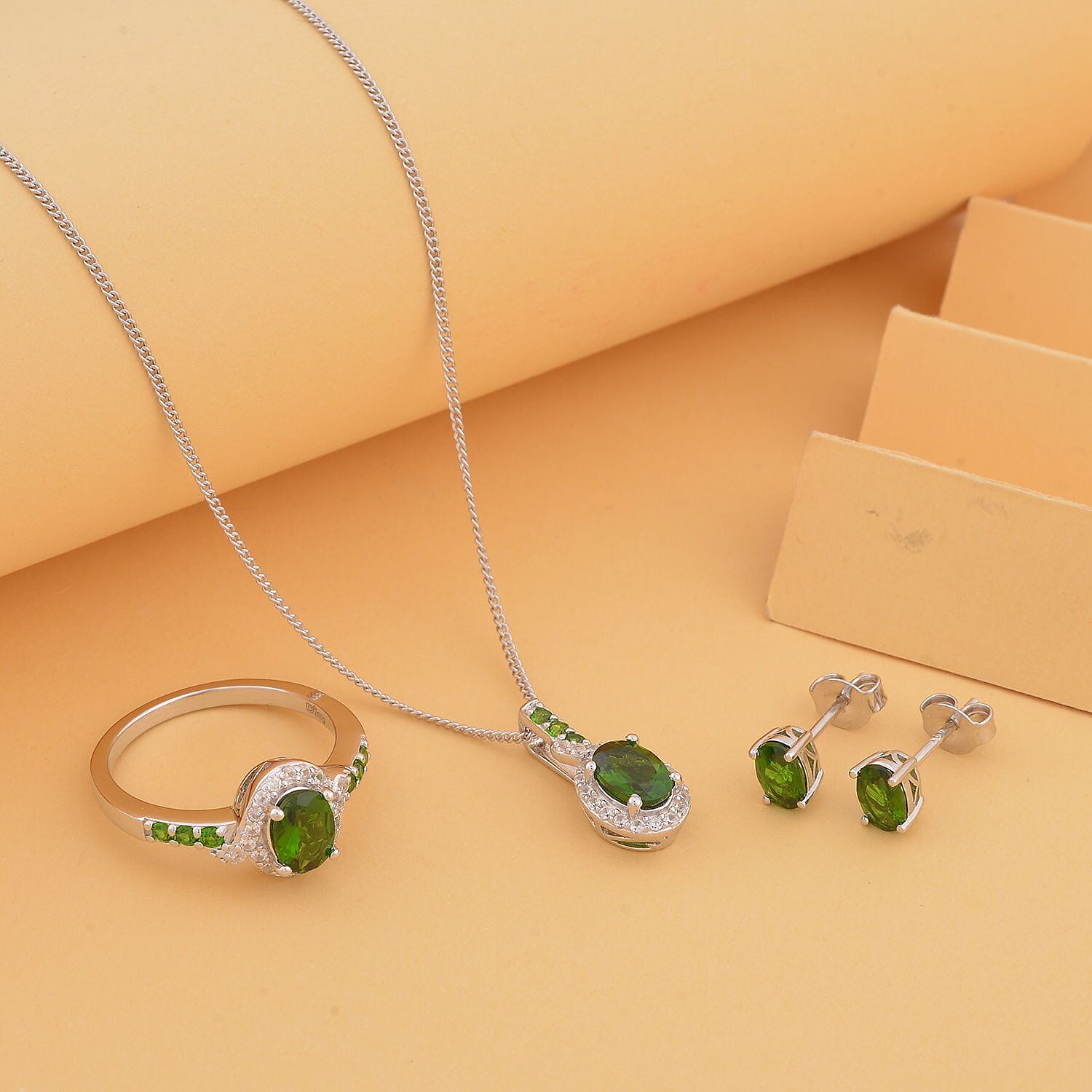 Natural Chrome Diopside, White Zircon Stud Earrings, Ring (Size 5.0) and Pendant Necklace 18 Inches in Rhodium Over Sterling Silver 3.40 ctw