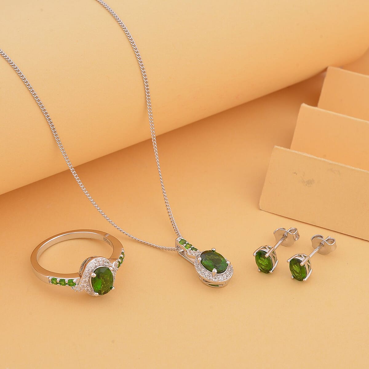 Natural Chrome Diopside, White Zircon Stud Earrings, Ring and Pendant Necklace 18 Inches in Rhodium Over Sterling Silver 3.40 ctw image number 1