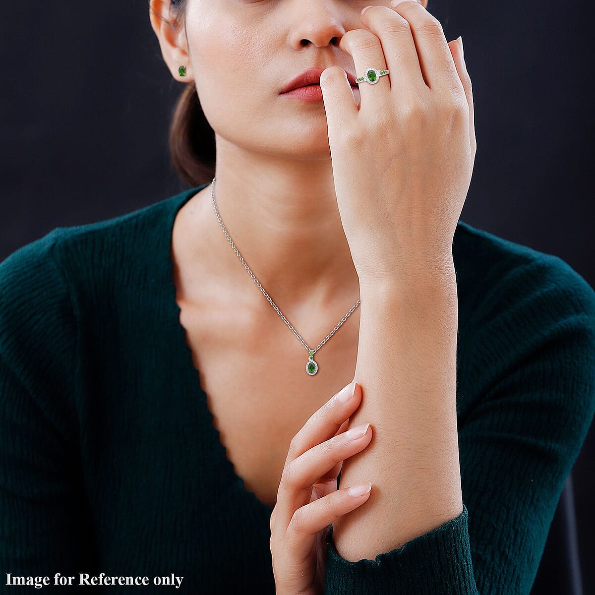 Natural Chrome Diopside, White Zircon Stud Earrings, Ring and Pendant Necklace 18 Inches in Rhodium Over Sterling Silver 3.40 ctw image number 2