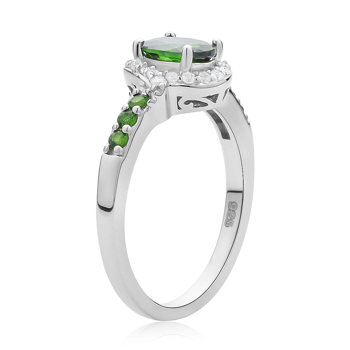 Natural Chrome Diopside, White Zircon Stud Earrings, Ring (Size 5.0) and Pendant Necklace 18 Inches in Rhodium Over Sterling Silver 3.40 ctw