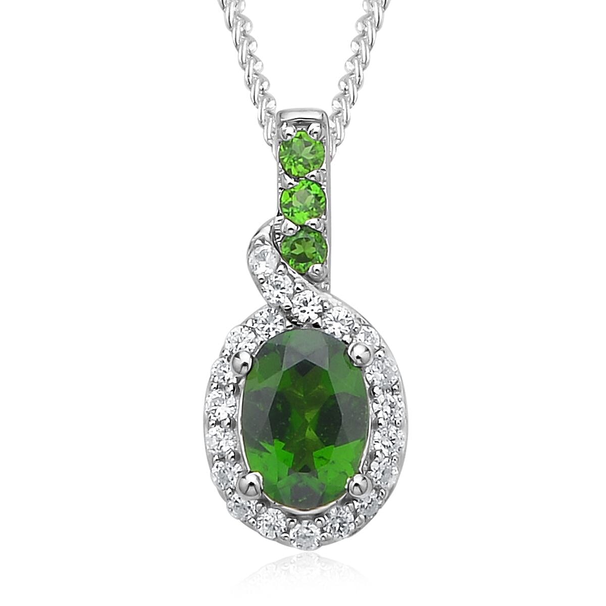 Natural Chrome Diopside, White Zircon Stud Earrings, Ring (Size 5.0) and Pendant Necklace 18 Inches in Rhodium Over Sterling Silver 3.40 ctw