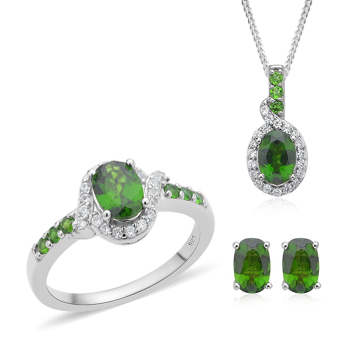 Chrome Diopside, White Zircon Stud Earrings, Ring (Size 6.0) and Pendant Necklace 18In in Rhodium Over Sterling Silver 3.40 ctw image number 0