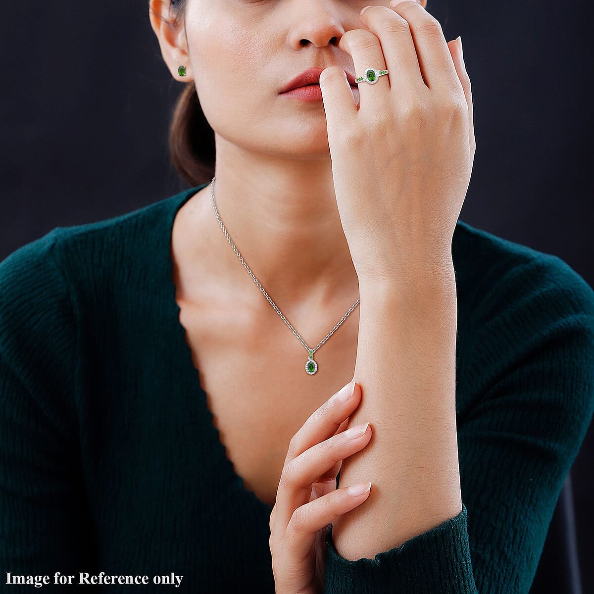 Chrome Diopside, White Zircon Stud Earrings, Ring (Size 6.0) and Pendant Necklace 18In in Rhodium Over Sterling Silver 3.40 ctw image number 2