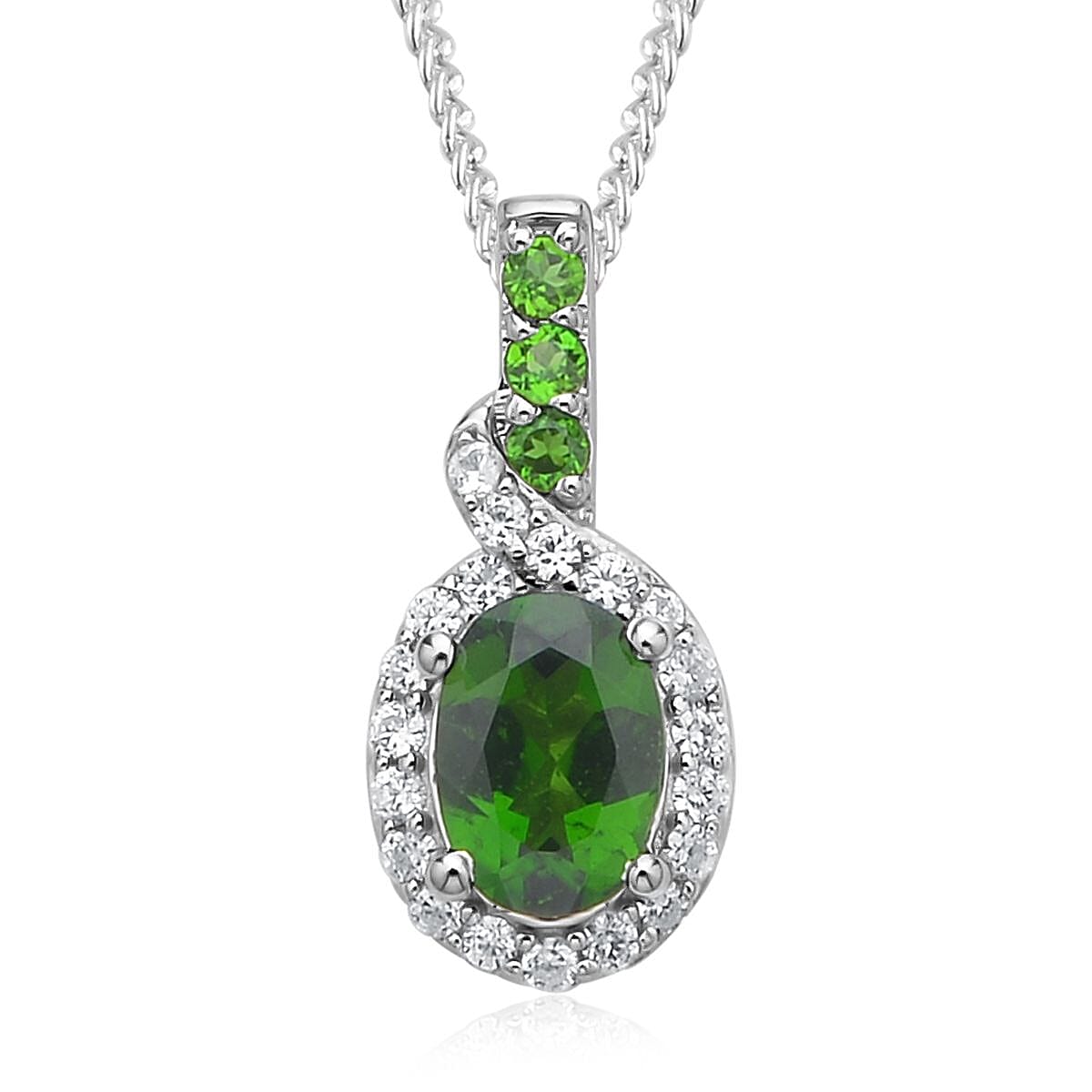 Chrome Diopside, White Zircon Stud Earrings, Ring (Size 6.0) and Pendant Necklace 18In in Rhodium Over Sterling Silver 3.40 ctw image number 5