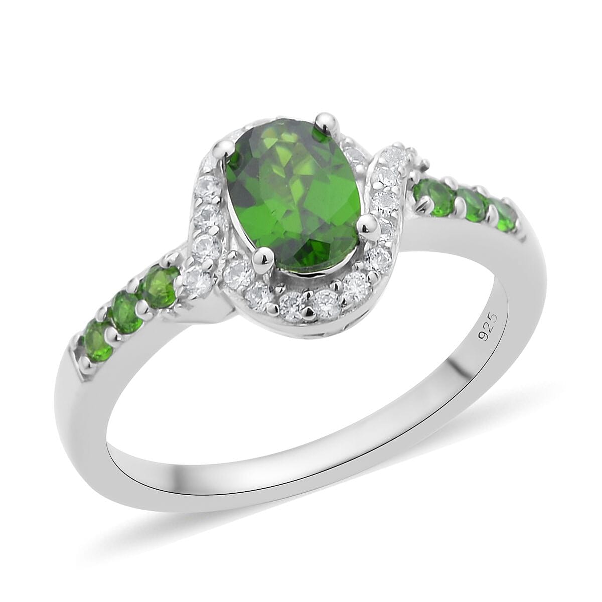 Chrome Diopside, White Zircon Stud Earrings, Ring (Size 7.0) and Pendant Necklace 18In in Rhodium Over Sterling Silver 3.40 ctw image number 3