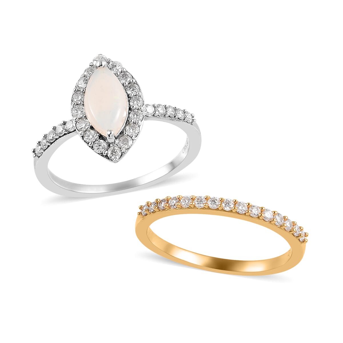 Australian White Opal and Moissanite Set of 2 Ring in Platinum and Vermeil Yellow Gold Over Sterling Silver 1.25 ctw (Delivery in 5-7 Business Days) image number 0