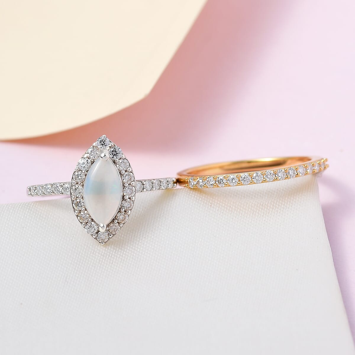Australian White Opal and Moissanite Set of 2 Ring in Platinum and Vermeil Yellow Gold Over Sterling Silver 1.25 ctw (Delivery in 5-7 Business Days) image number 1