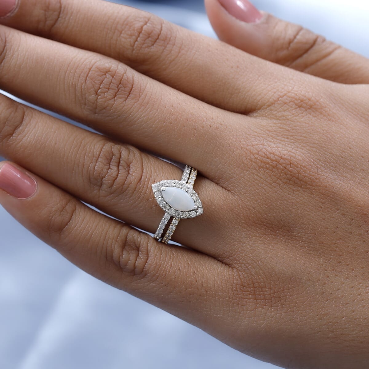 Australian White Opal and Moissanite Set of 2 Ring in Platinum and Vermeil Yellow Gold Over Sterling Silver 1.25 ctw (Delivery in 5-7 Business Days) image number 2