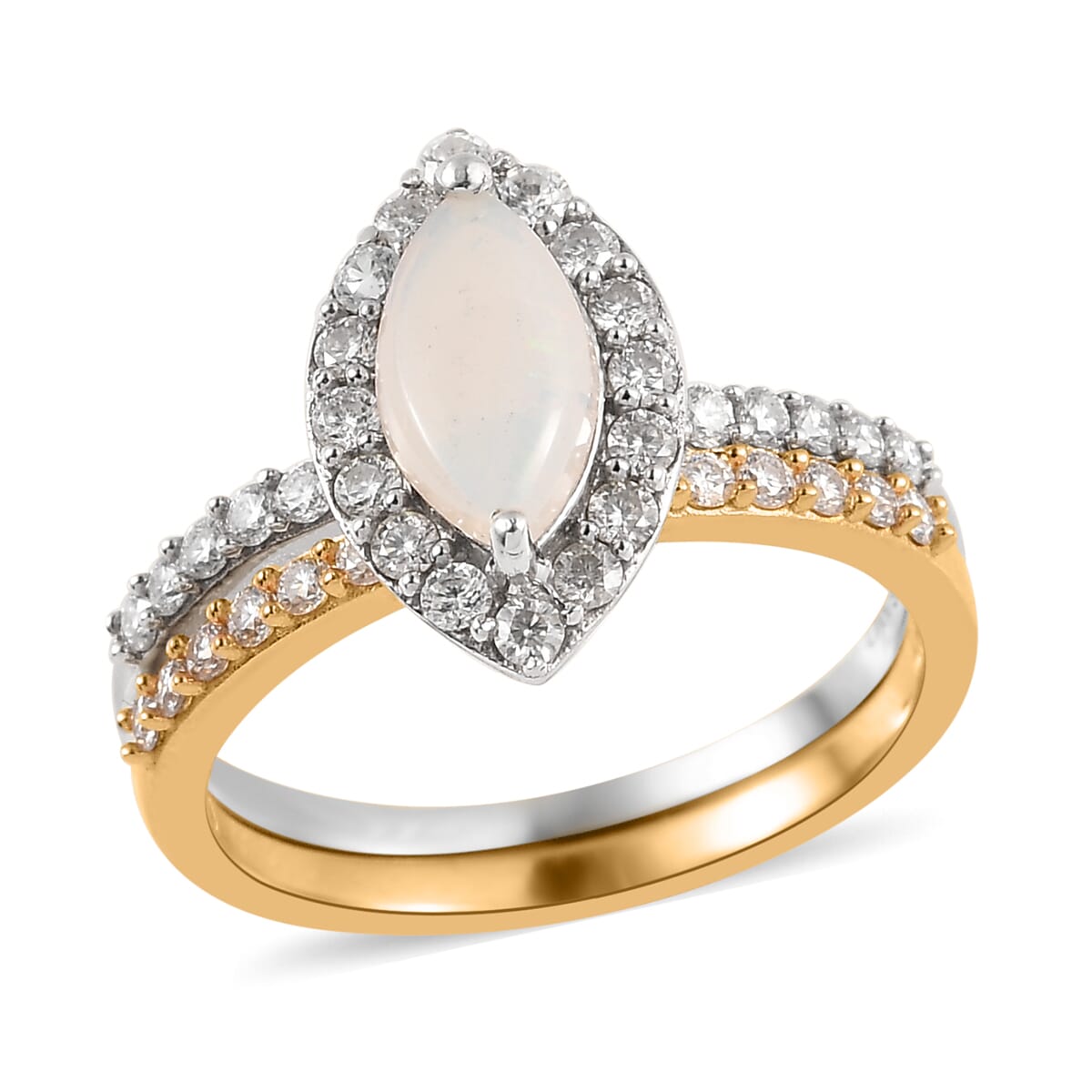 Australian White Opal and Moissanite Set of 2 Ring in Platinum and Vermeil Yellow Gold Over Sterling Silver 1.25 ctw (Delivery in 5-7 Business Days) image number 3