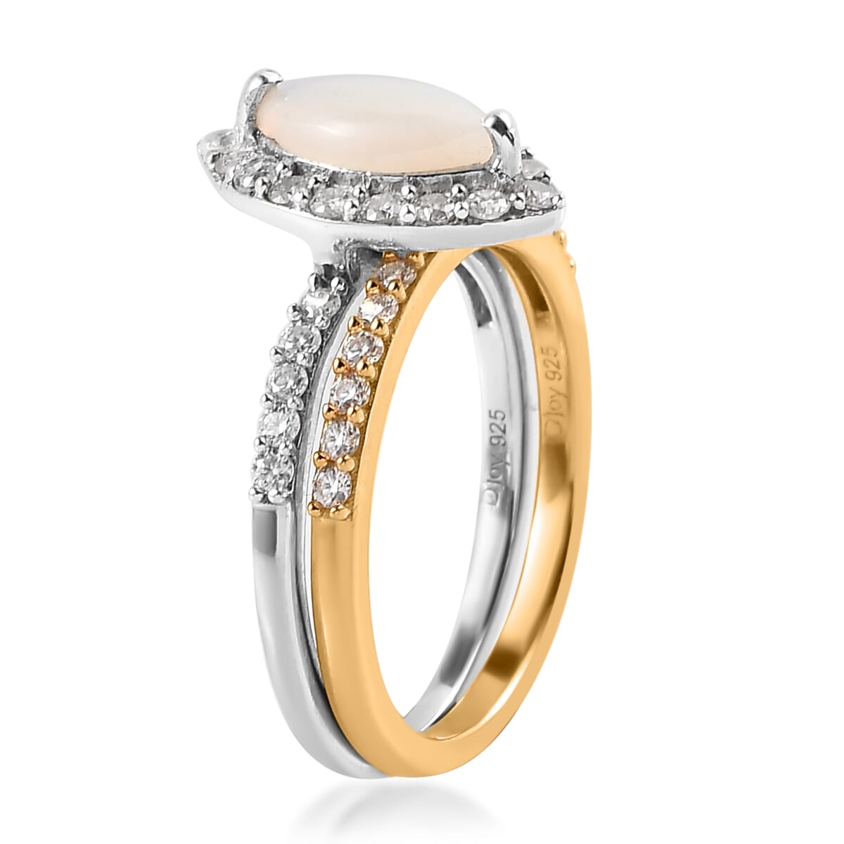 Australian White Opal and Moissanite Set of 2 Ring in Platinum and Vermeil Yellow Gold Over Sterling Silver 1.25 ctw (Delivery in 5-7 Business Days) image number 4