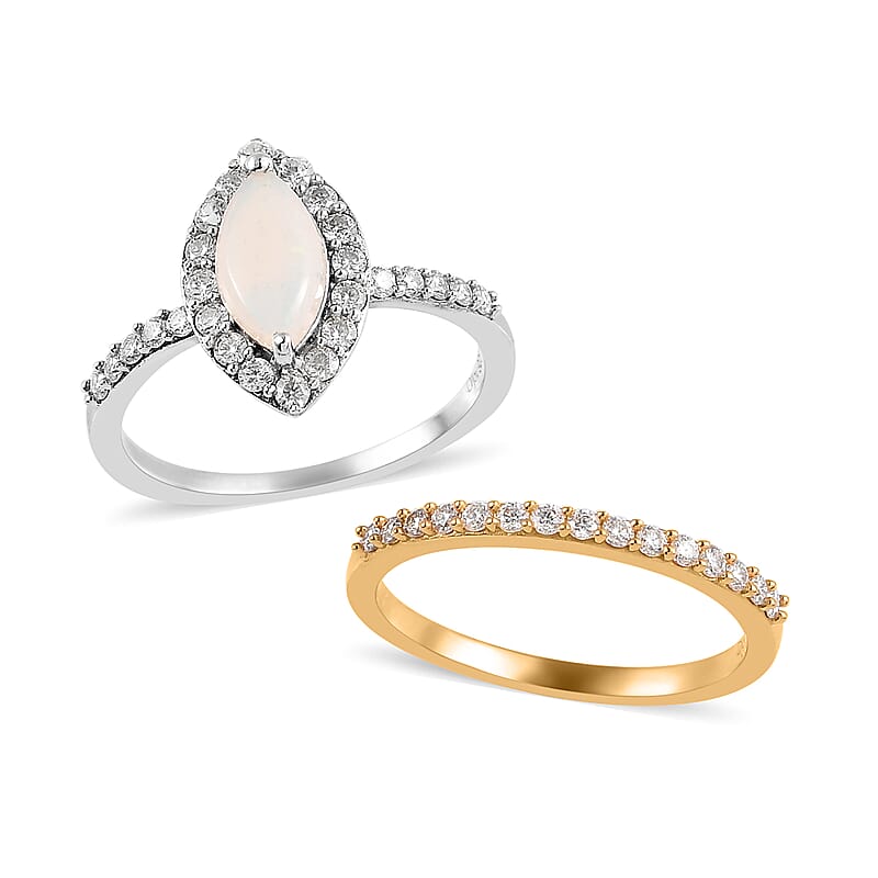 Australian Opal and Moissanite Set of 2 Ring in Platinum and Vermeil Yellow Gold Over Sterling Silver (Size 6) 1.25 ctw